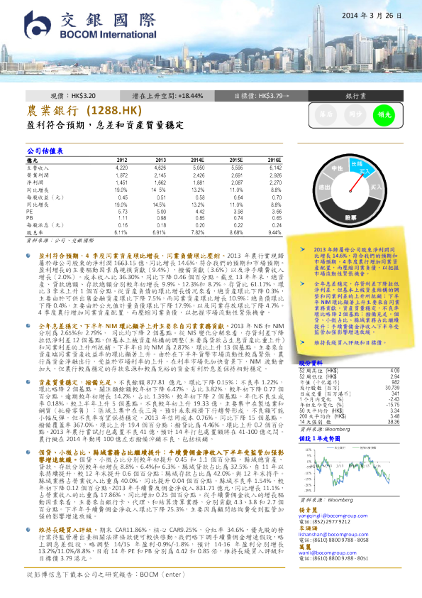 盈利符合预期，息差和资产质量稳定