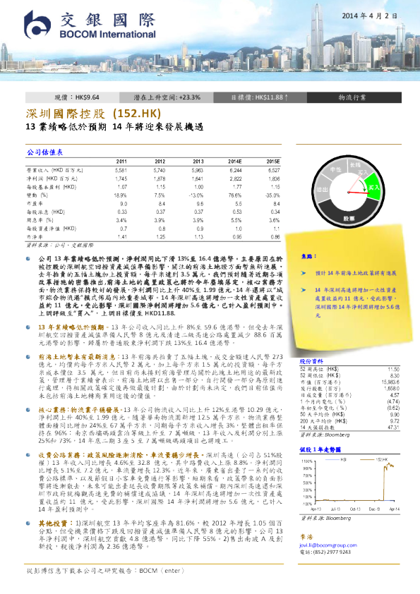 深圳国际控股：13业绩略低于预期，14年将迎来发展机遇