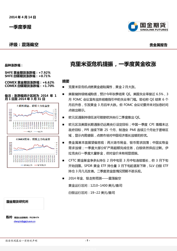 贵金属期货一季度报：克里米亚危机提振,一季度黄金收涨