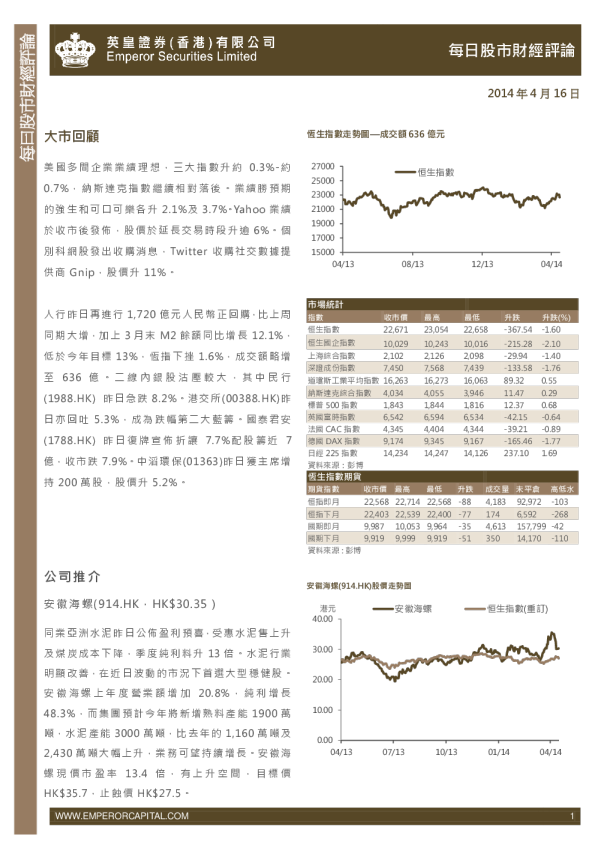 英皇证券每日股市财经评论