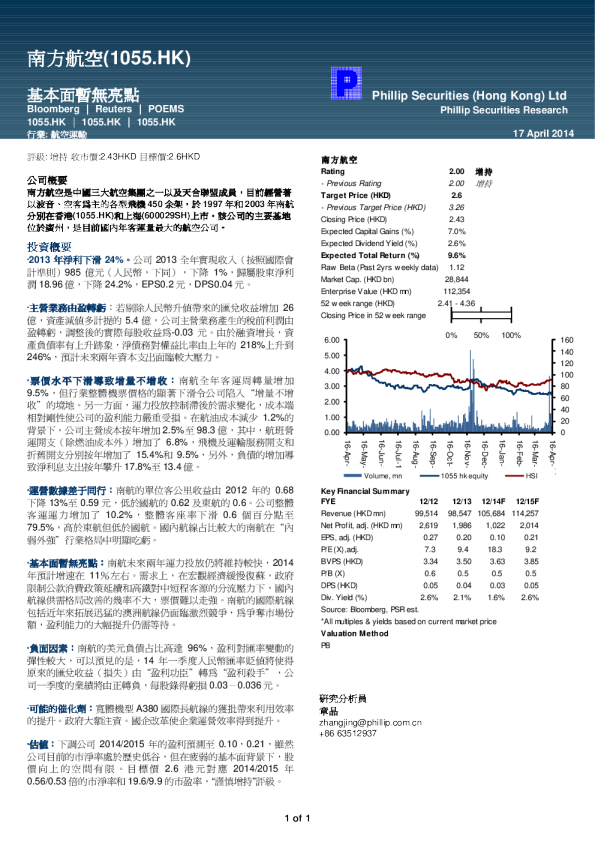 中国南方航空股份：基本面暂无亮点
