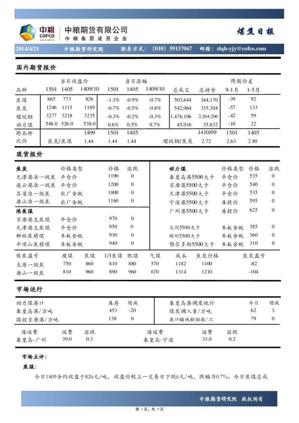 中粮期货煤焦日报