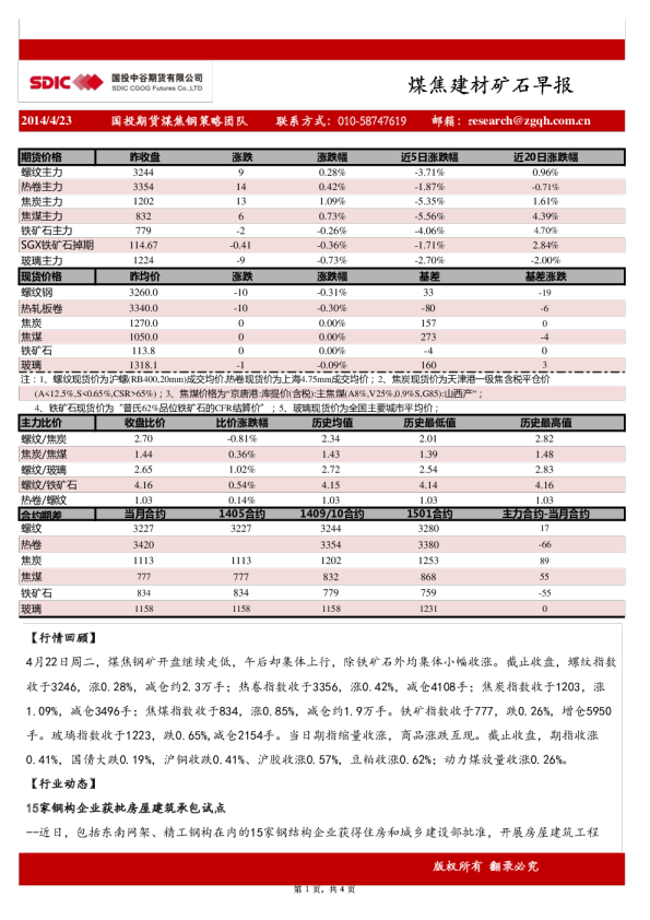 国投中谷期货煤焦钢铁矿石早报
