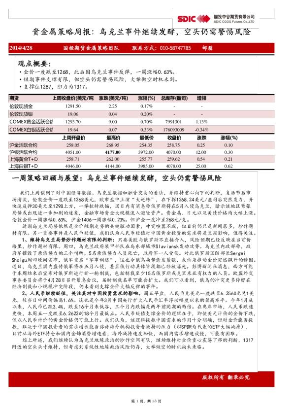 国投中谷期货贵金属策略周报