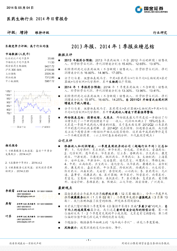 医药生物行业2014年日常报告：2013年报、2014年1季报业绩总结