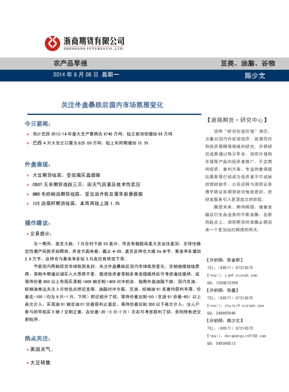 农产品早报：关注外盘暴跌后国内市场氛围变化
