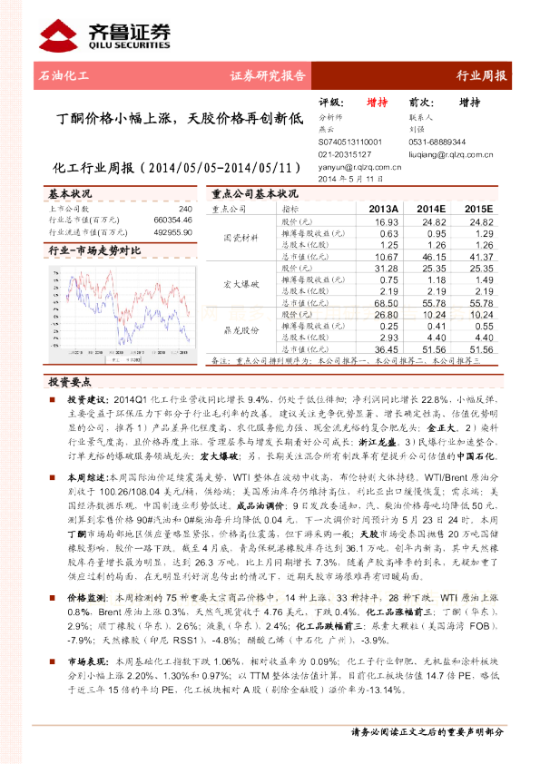 化工行业周报：丁酮价格小幅上涨,天胶价格再创新低