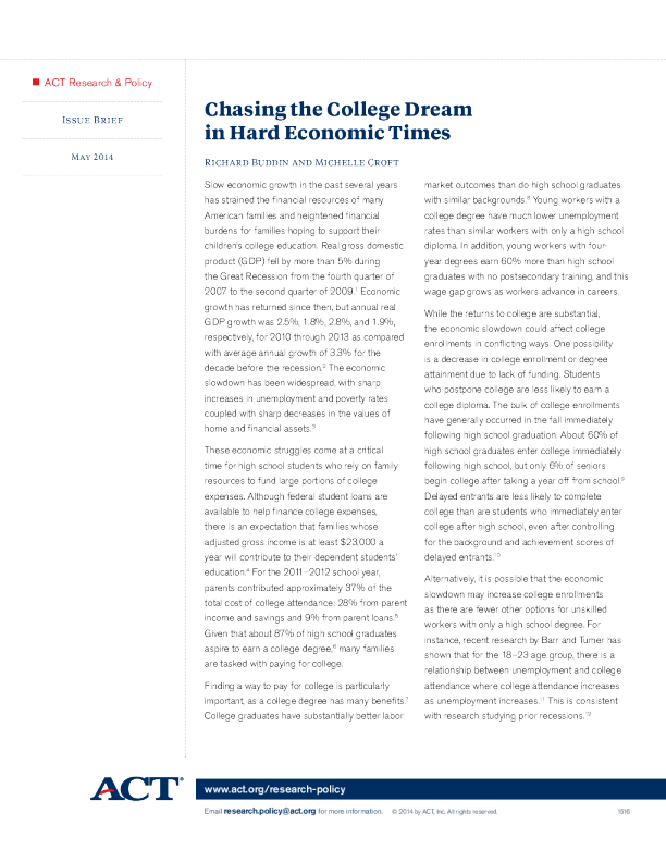 Chasing the College Dream in Hard Economic Times