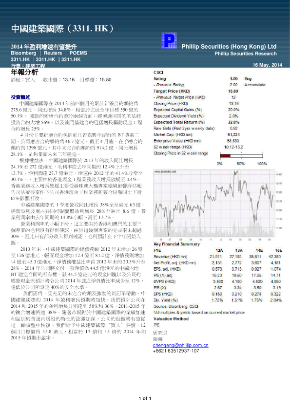 中国建筑国际：2014年盈利增速有望提升