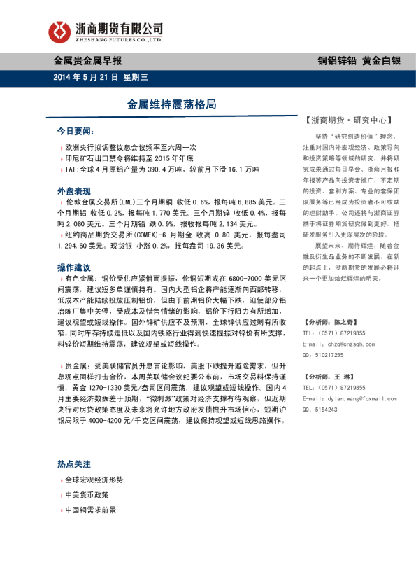 金属贵金属早报：金属维持震荡格局