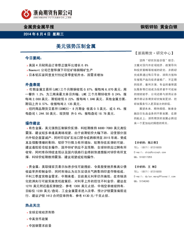 金属贵金属早报：美元强势压制金属