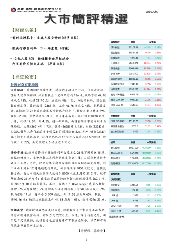 兴证香港大市简评精选
