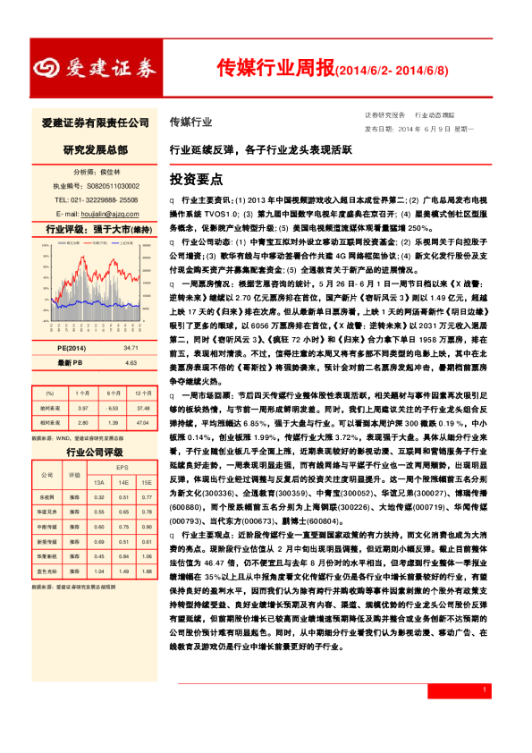 传媒行业周报：行业延续反弹,各子行业龙头表现活跃
