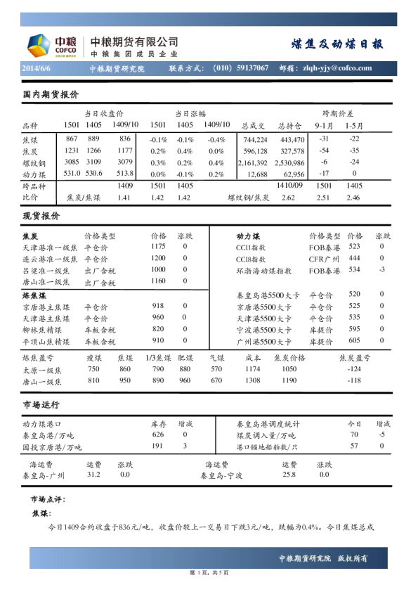 中粮期货煤焦及动煤日报