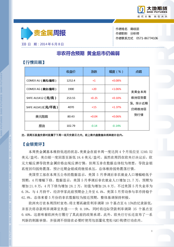 贵金属周报：非农符合预期,黄金后市仍偏弱