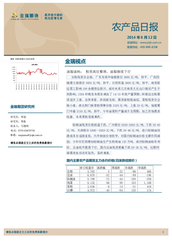金瑞期货农产品日报