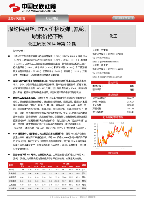 化工周报2014年第22期：涤纶民用丝、pta价格反弹,氨纶、尿素价格下跌