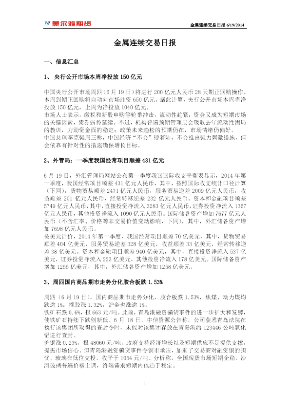 美尔雅期货金属连续交易日报