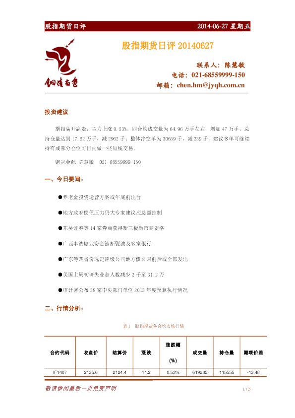 金源期货股指期货日评