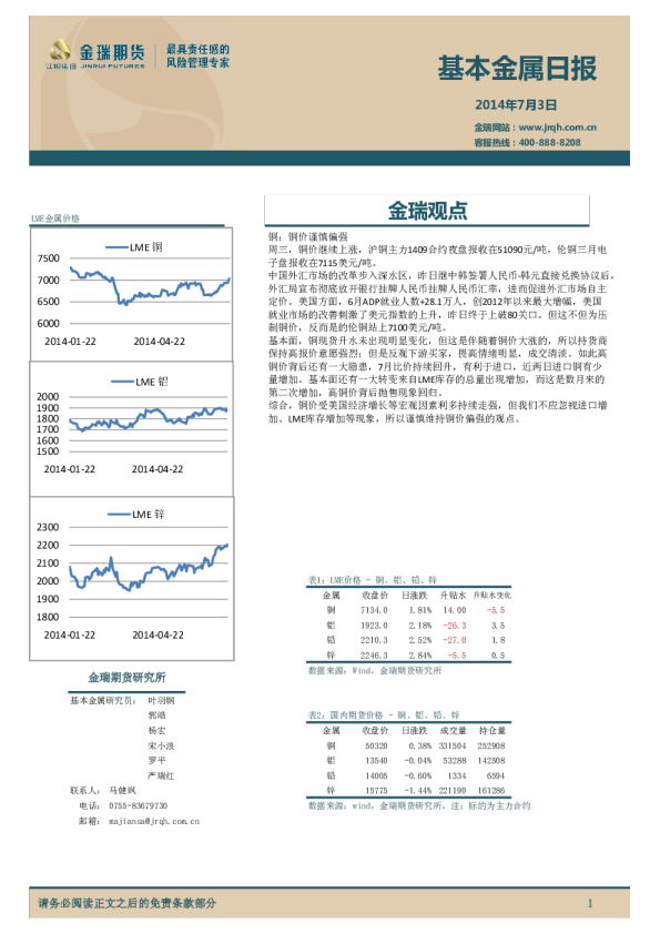 金瑞期货基本金属日报