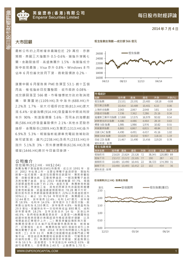 英皇证券每日股市财经评论