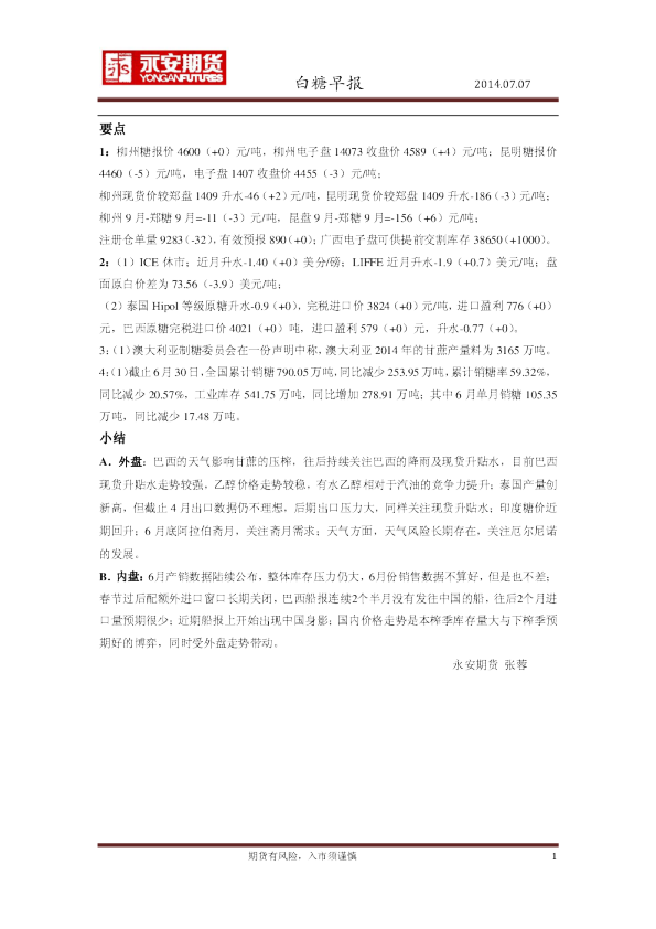 永安期货白糖早报