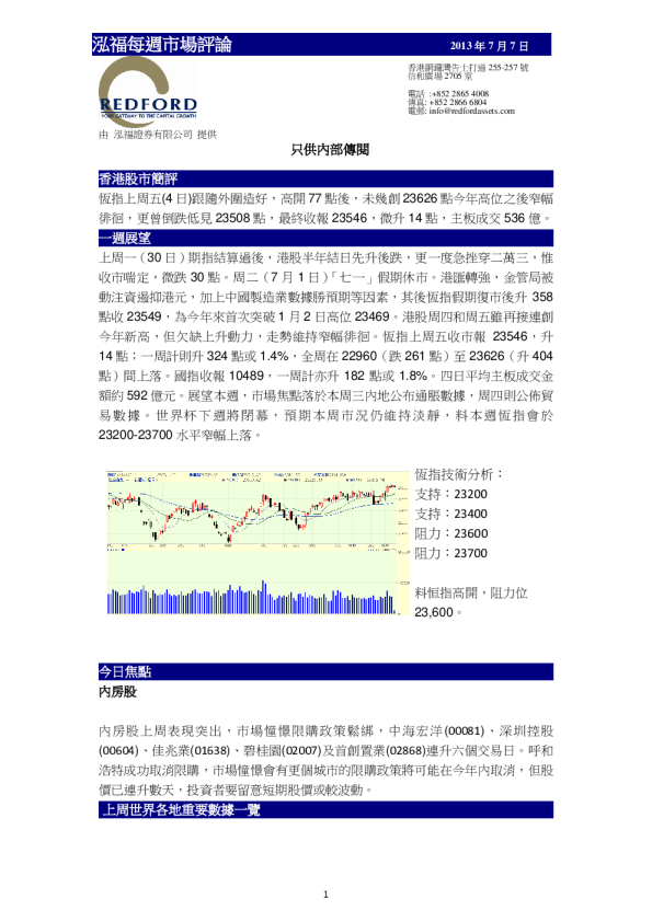 泓福证券每周市场评论