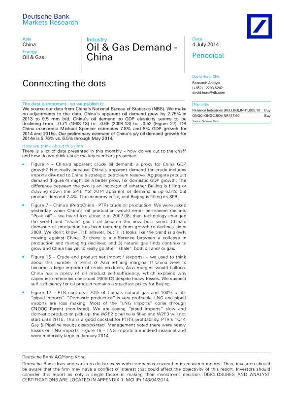 Oil & Gas Demand - China ：Connecting the dots