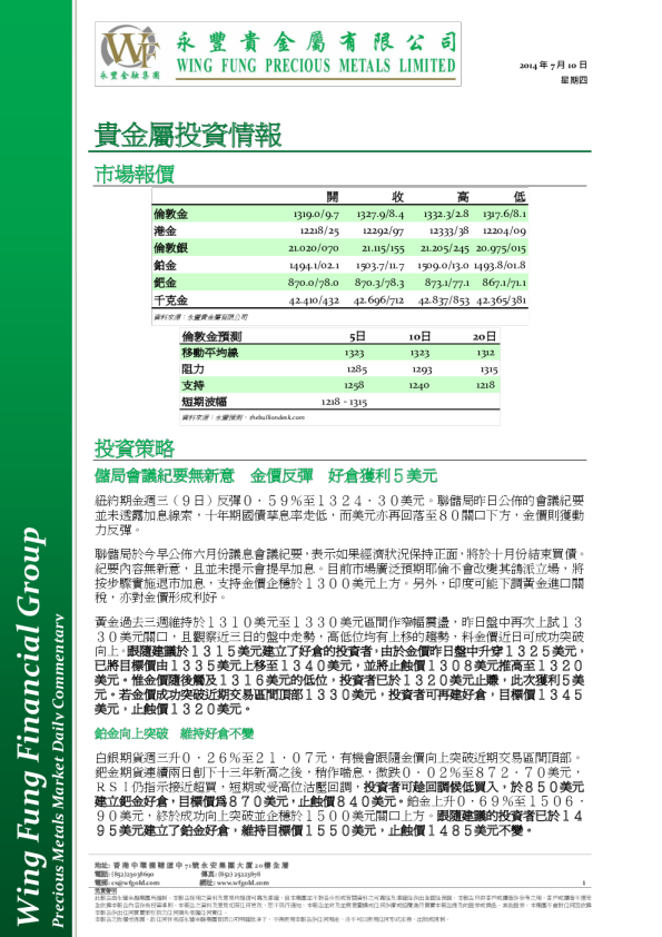 永丰金融贵金属投资情报