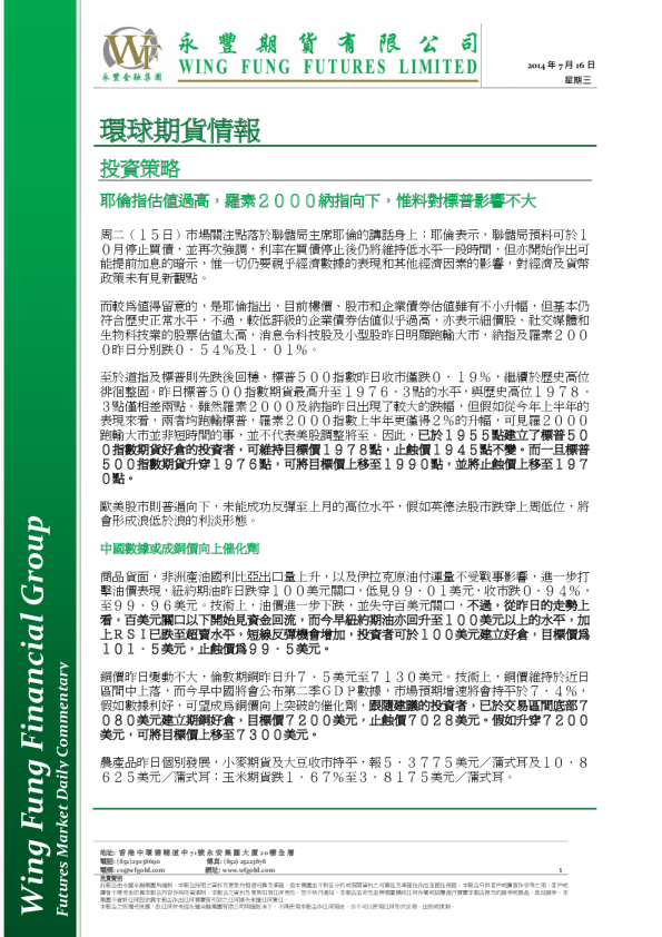 环球期货情报：耶伦指估值过高,罗素2000纳指向下,惟料对标普影响不大