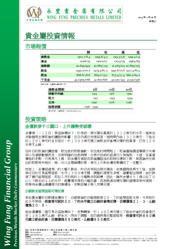 永丰证券贵金属投资情报