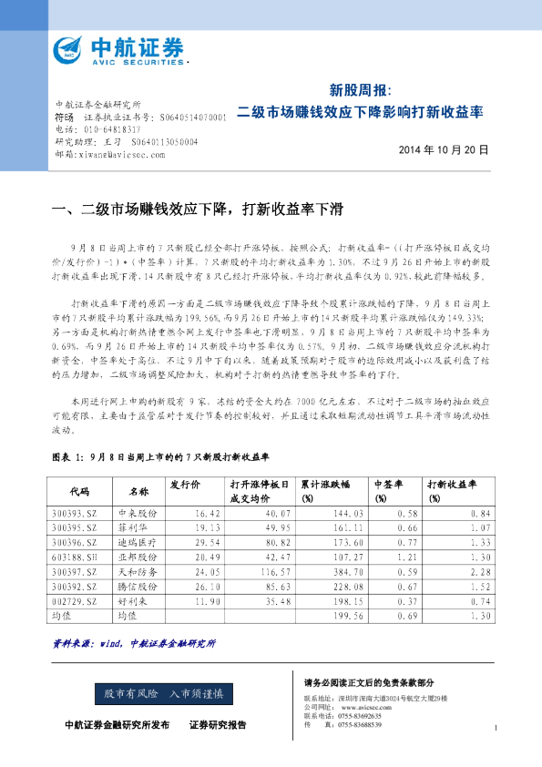 新股周报：二级市场赚钱效应下降影响打新收益率