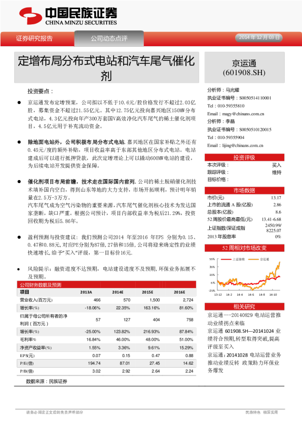 定增布局分布式电站和汽车尾气催化剂