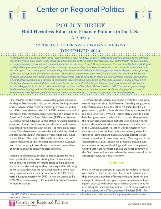 Hold Harmless Education Finance Policies in the U.S.: A Survey