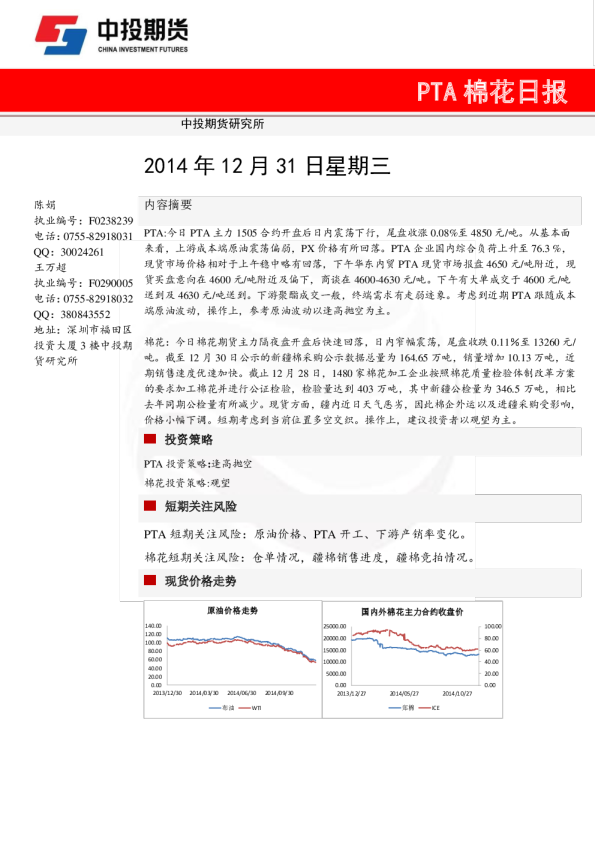 中投期货pta棉花日报