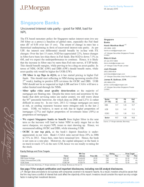 Singapore Banks：Uncovered interest rate parity good for NIM，bad for NPL