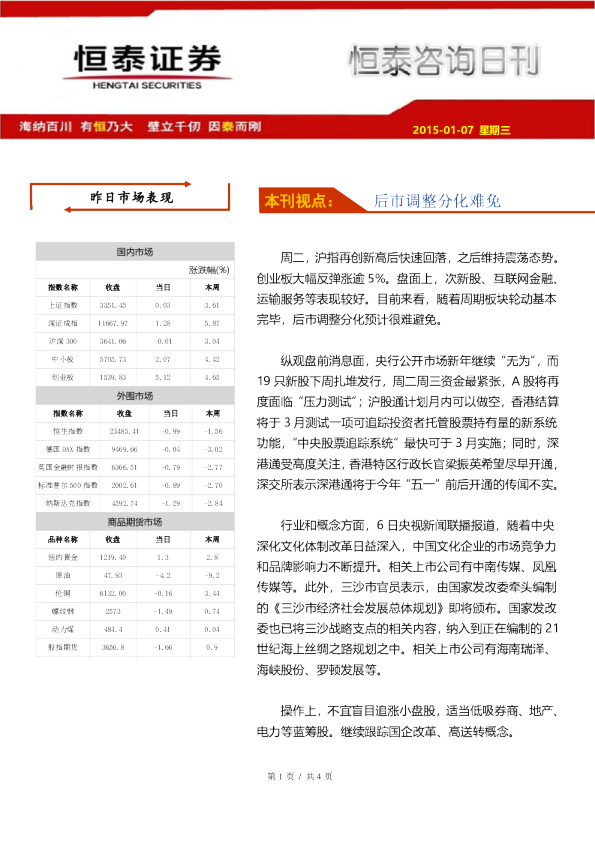 咨询日刊：后市调整分化难免