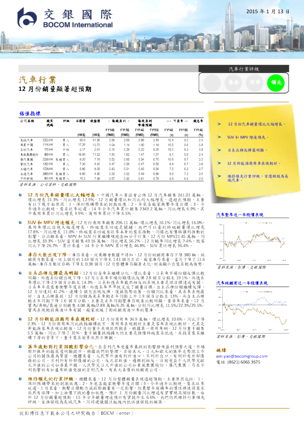 汽车行业：12月份销量显着超预期