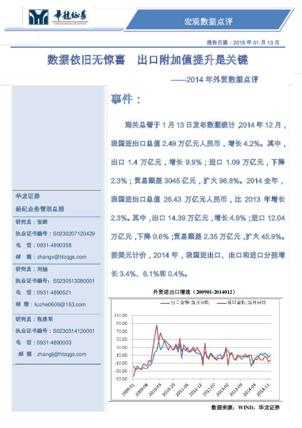 2014年外贸数据点评：数据依旧无惊喜 出口附加值提升是关键