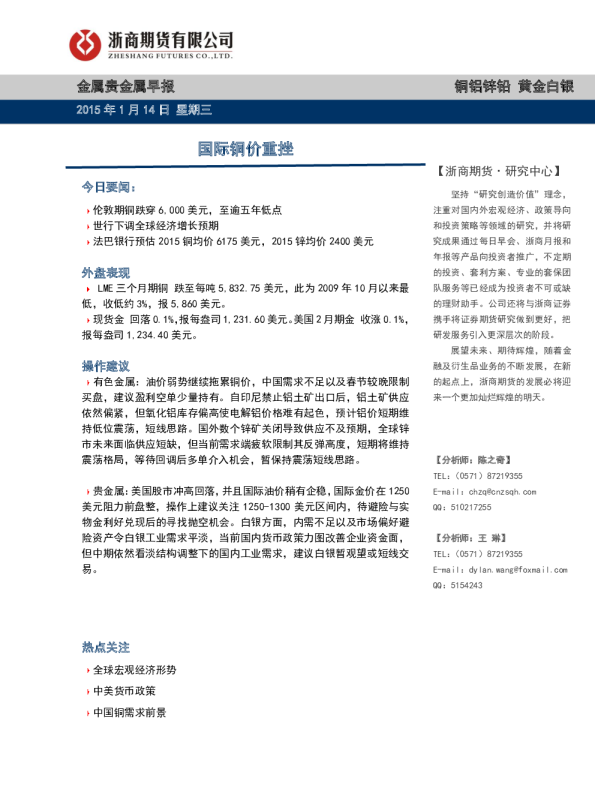 金属贵金属早报：国际铜价重挫