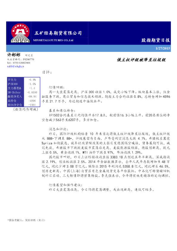 股指期货日报：俄主权评级被降至垃圾级