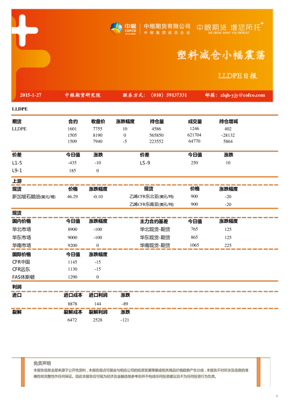 LLDPE日报：塑料减仓小幅震荡