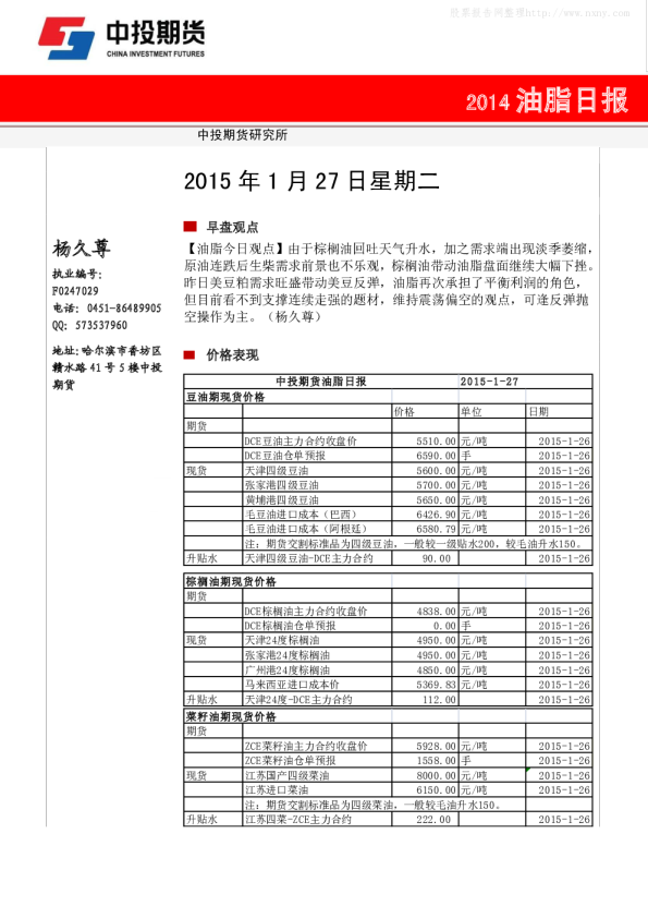 中投期货油脂早报