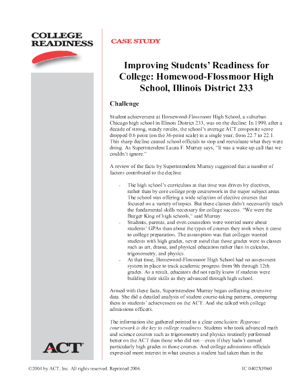 Improving Students' Readiness for College: Homewood-Flossmoor High School, Illinois District 233