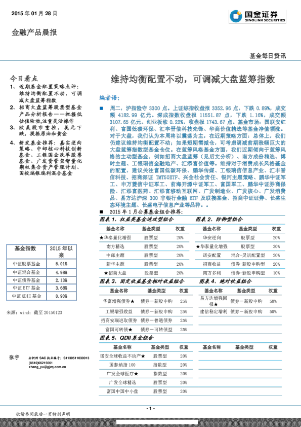 金融产品晨报：维持均衡配置不动，可调减大盘蓝筹指数