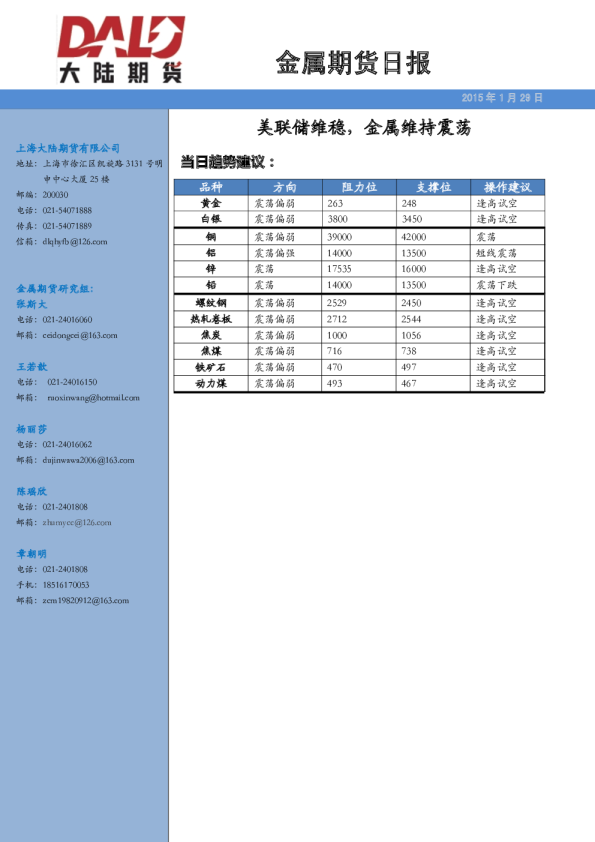 金属期货日报：美联储维稳，金属维持震荡