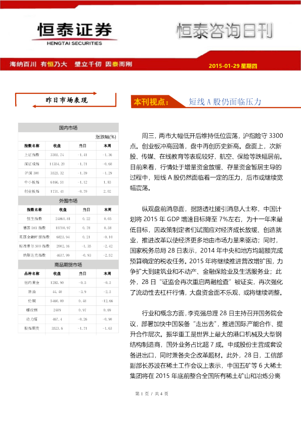 咨询日刊：短线A股仍面临压力