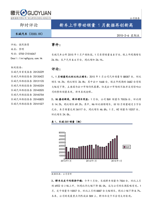 长城汽车：新车上市带动销量,1月数据再创新高