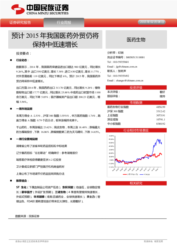 医药生物：预计2015年我国医药外贸仍将保持中低速增长