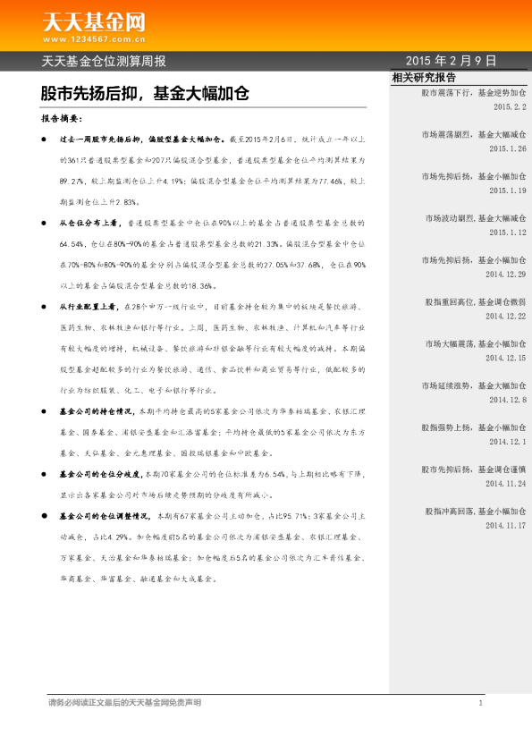 天天基金仓位测算周报：股市先扬后抑，基金大幅加仓